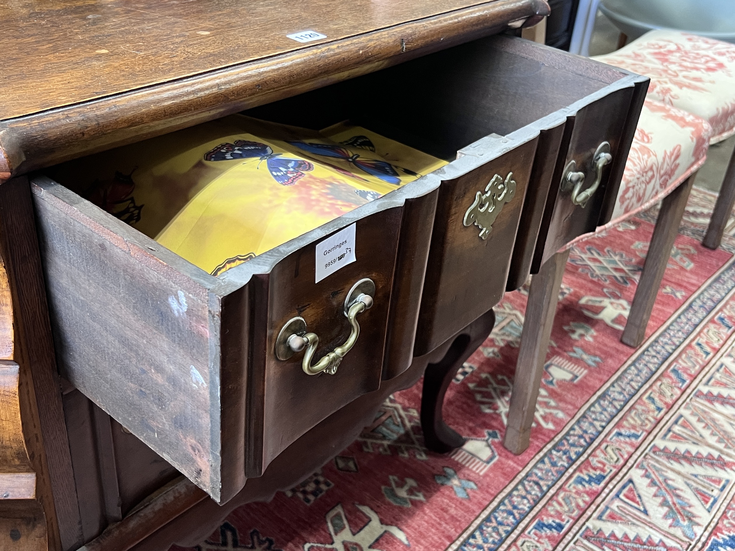 A French oak and walnut two drawer commode, width 81cm, depth 45cm, height 75cm